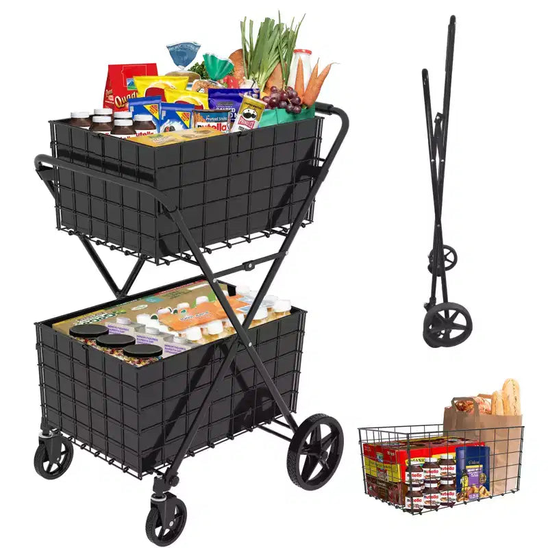 GDFStudio Salta 2-Tier Foldable Shopping Cart with Removable Baskets and 360 Swivel Wheels