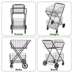 Carrello portaspesa pieghevole a 2 ripiani con cestini rimovibili e ruote girevoli a 360°