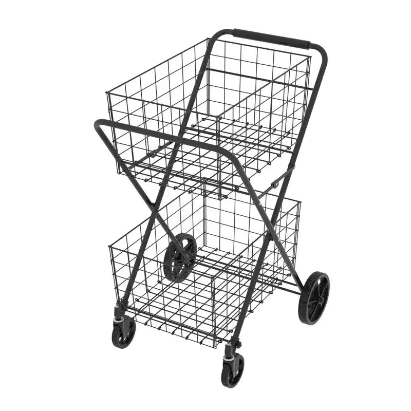 Carrello portaspesa pieghevole a 2 ripiani con cestini rimovibili e ruote girevoli a 360°