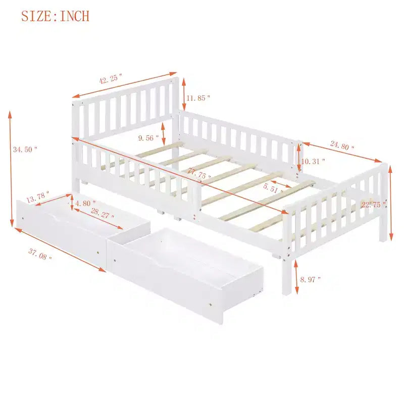 Letto a piattaforma in legno con sponde di protezione per bambini, struttura letto a piattaforma in legno con 2 cassetti portaoggetti