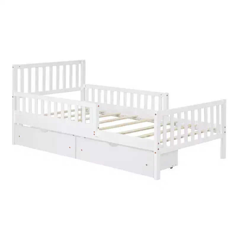 Letto a piattaforma in legno con sponde di protezione per bambini, struttura letto a piattaforma in legno con 2 cassetti portaoggetti