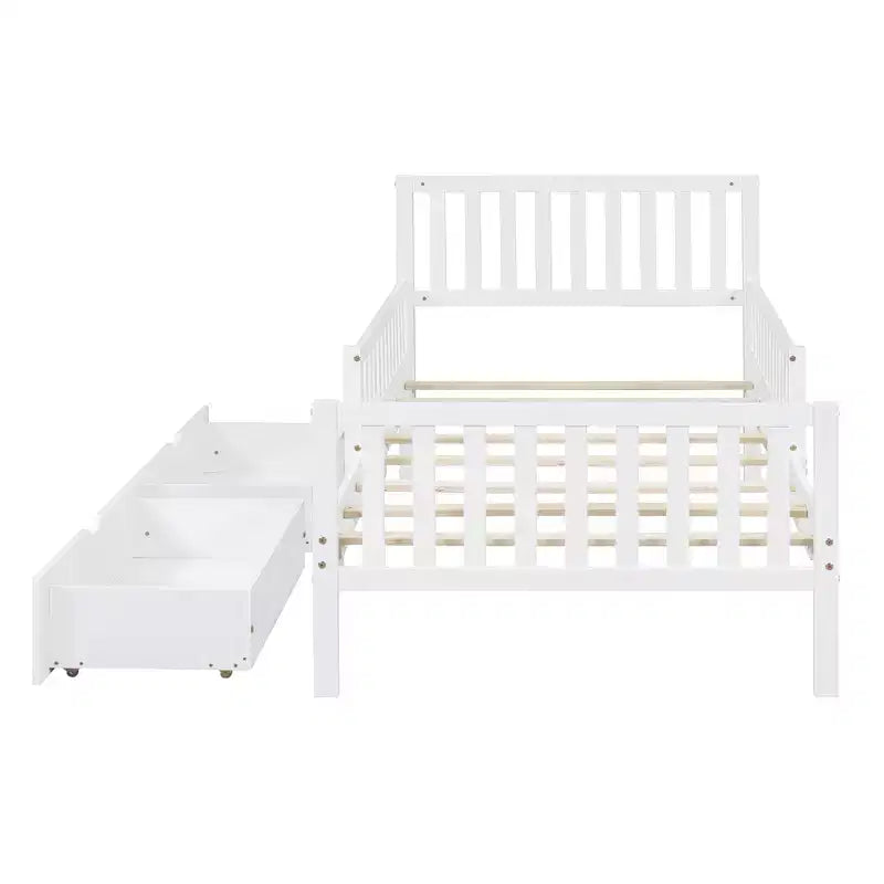Letto a piattaforma in legno con sponde di protezione per bambini, struttura letto a piattaforma in legno con 2 cassetti portaoggetti