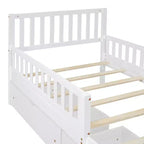 Letto a piattaforma in legno con sponde di protezione per bambini, struttura letto a piattaforma in legno con 2 cassetti portaoggetti