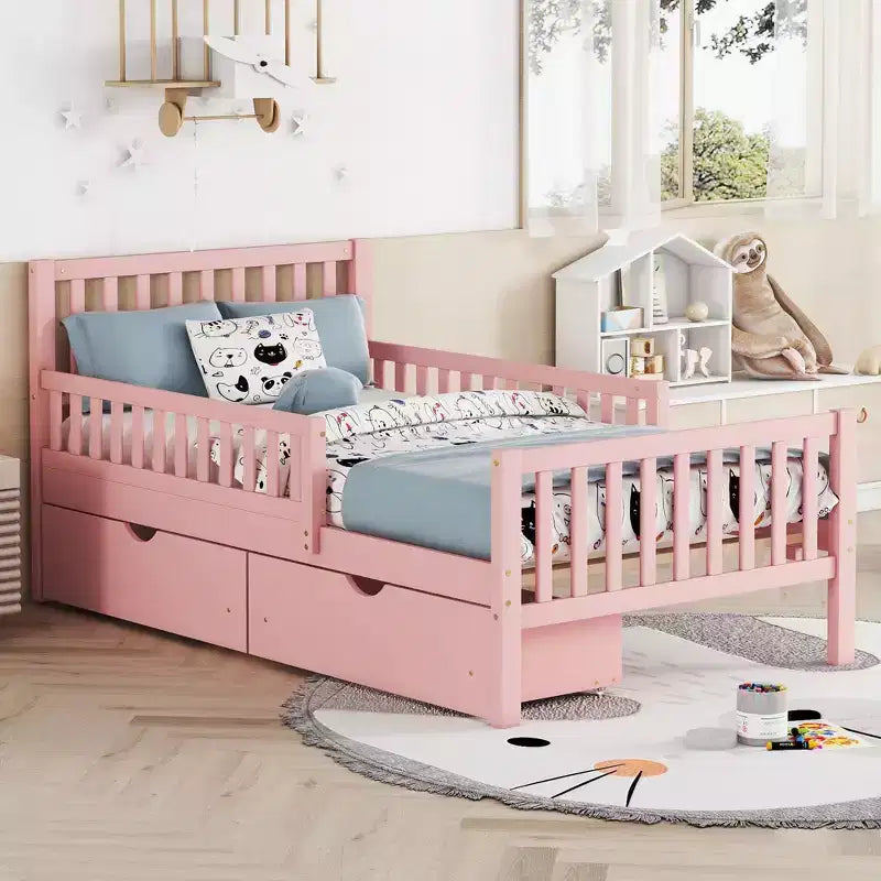 Letto a piattaforma in legno con sponde di protezione per bambini, struttura letto a piattaforma in legno con 2 cassetti portaoggetti