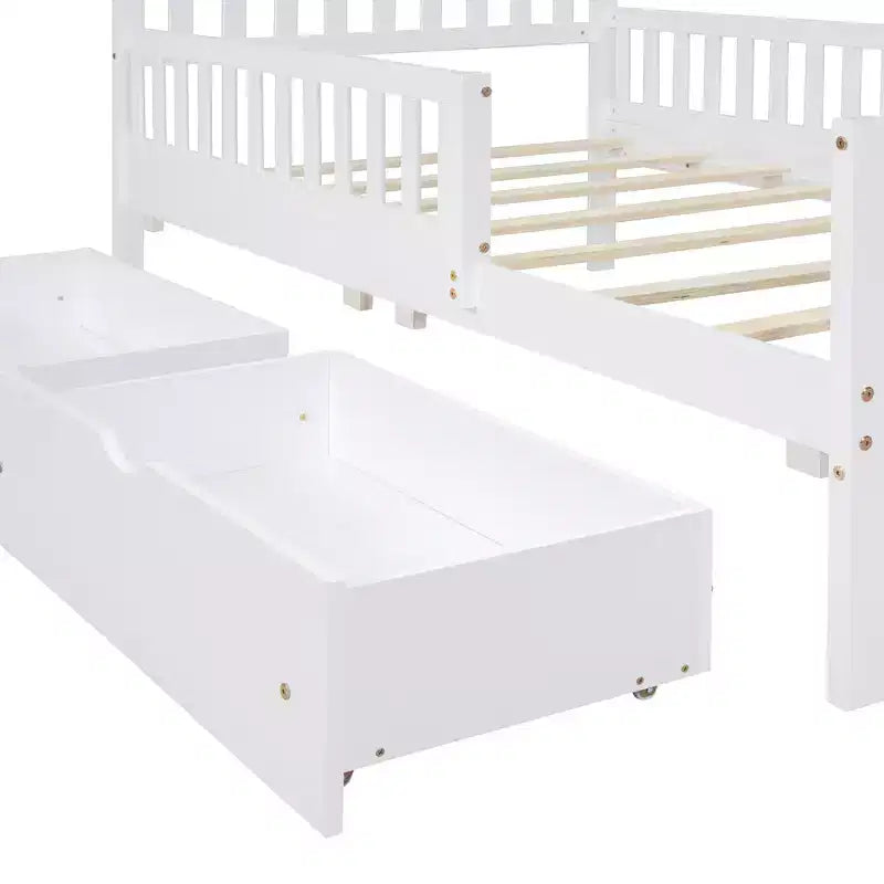 Letto a piattaforma in legno con sponde di protezione per bambini, struttura letto a piattaforma in legno con 2 cassetti portaoggetti