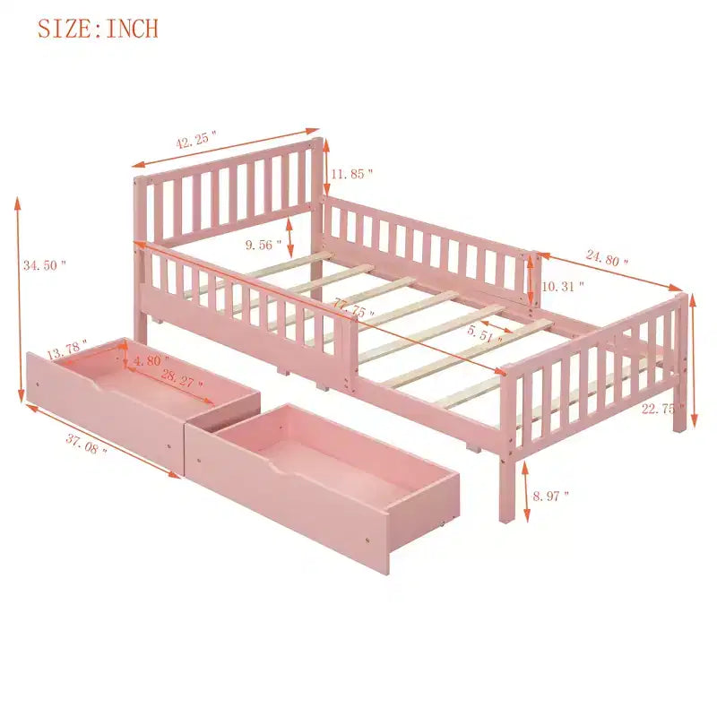Letto a piattaforma in legno con sponde di protezione per bambini, struttura letto a piattaforma in legno con 2 cassetti portaoggetti
