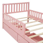 Letto a piattaforma in legno con sponde di protezione per bambini, struttura letto a piattaforma in legno con 2 cassetti portaoggetti