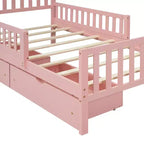 Letto a piattaforma in legno con sponde di protezione per bambini, struttura letto a piattaforma in legno con 2 cassetti portaoggetti