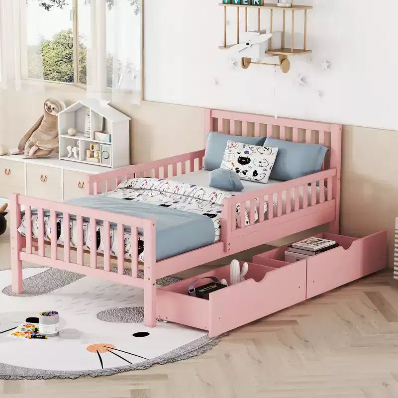 Wood Platform Bed with Guardrails for Kids, Wood Platform Bed Frame with 2 Storage Drawers