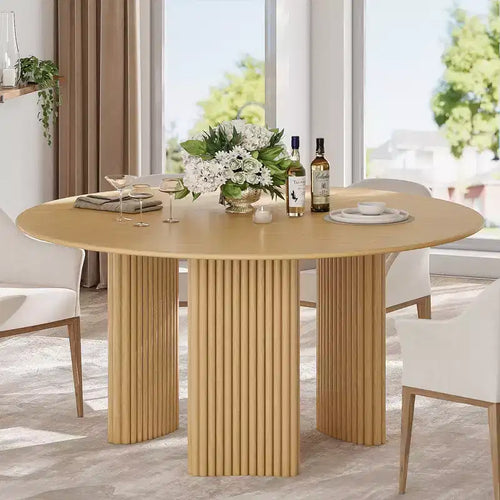 PexFix 60 Modern Round Dining Table with Striped Column Legs Solid Wood Kitchen Table Anti-Scratch Footpads for Dining Room & Kitchen Bar in Natural