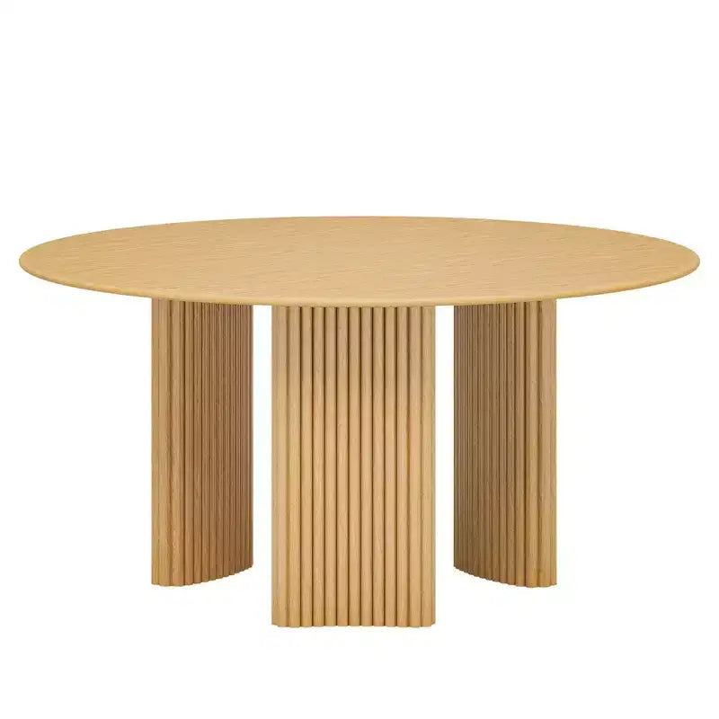 Tavolo da pranzo rotondo moderno da 60 pollici con gambe a colonna a strisce, tavolo da cucina in legno massello, piedini antigraffio per sala da pranzo e bancone della cucina, in color naturale