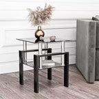 2-Tier Square Glass Coffee Table with Storage Shelf, Modern Living Room or Office Tea Table