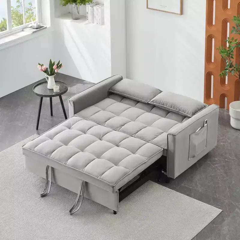 Divanetto Moderno in Velluto Trasformabile in Letto con Cuscini Decorativi e Tasche per Soggiorno Camera da Letto Grigio