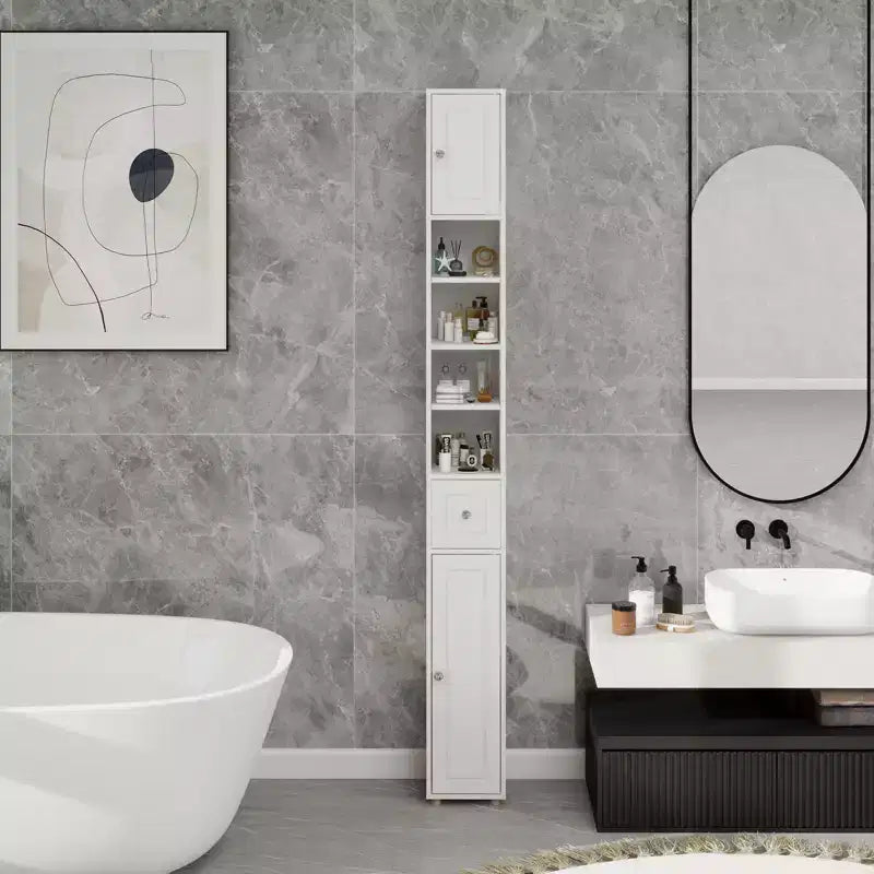 Mobile contenitore alto e stretto per bagno con cassetto e ripiani regolabili