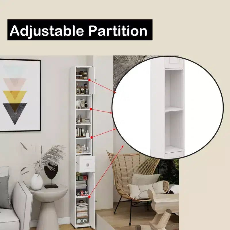 Mobile contenitore alto e stretto per bagno con cassetto e ripiani regolabili