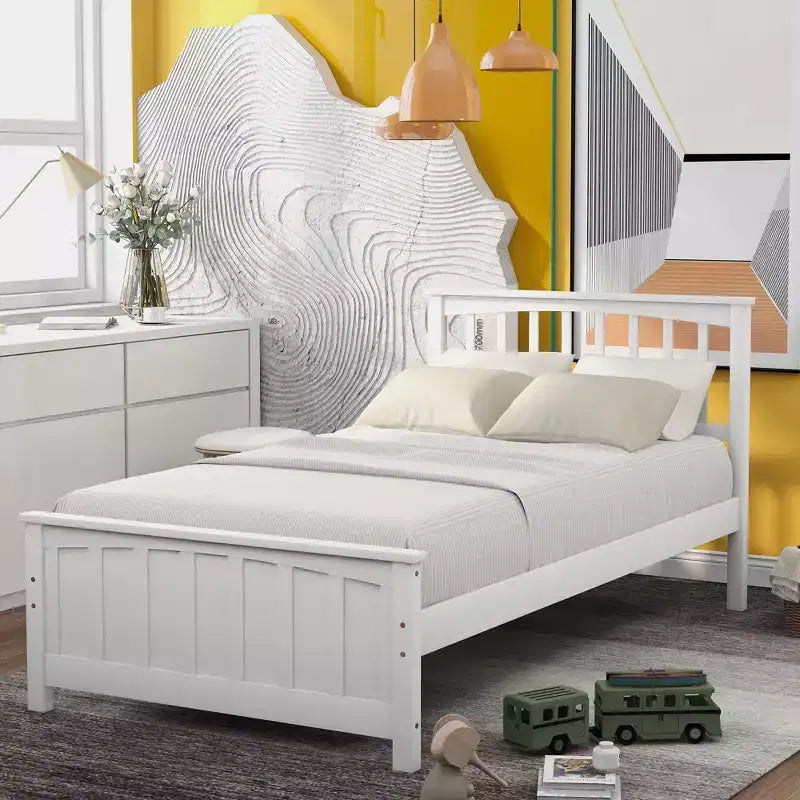 Letto a piattaforma singolo in legno massello, struttura letto singolo in legno con testiera per camera da letto
