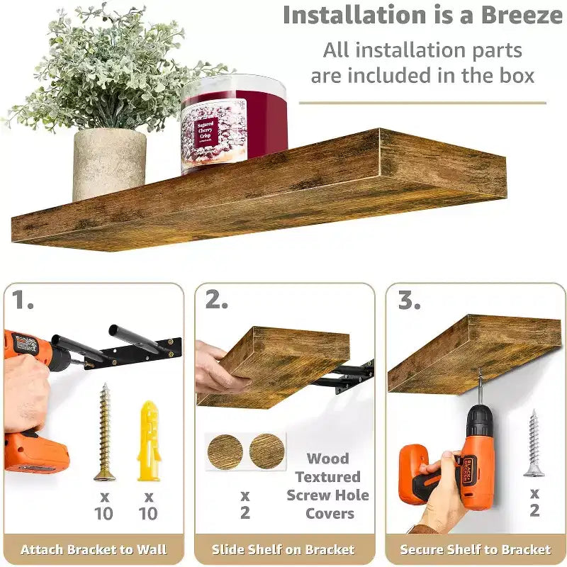 Set di 3 mensole galleggianti rettangolari Sorbus (24x9) con staffe invisibili - per camera da letto, cucina, bagno