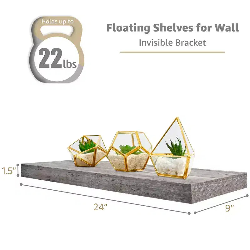 Set di 3 mensole galleggianti rettangolari Sorbus (24x9) con staffe invisibili - per camera da letto, cucina, bagno