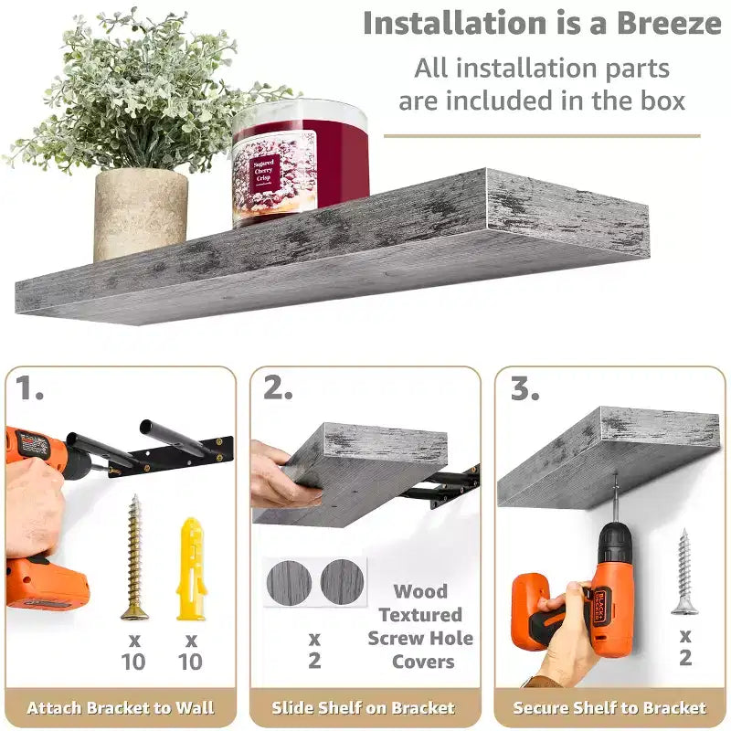 Set di 3 mensole galleggianti rettangolari Sorbus (24x9) con staffe invisibili - per camera da letto, cucina, bagno