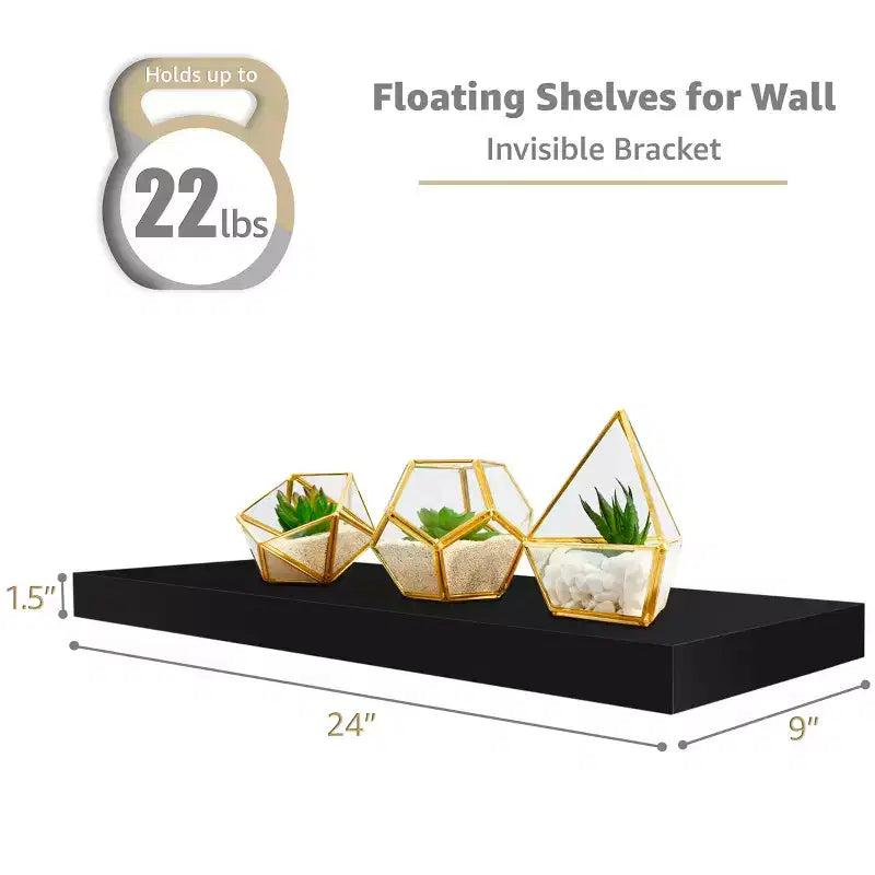 Set di 3 mensole galleggianti rettangolari Sorbus (24x9) con staffe invisibili - per camera da letto, cucina, bagno