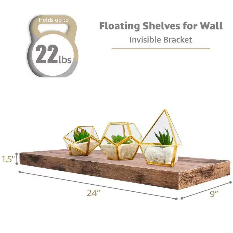 Set di 3 mensole galleggianti rettangolari Sorbus (24x9) con staffe invisibili - per camera da letto, cucina, bagno