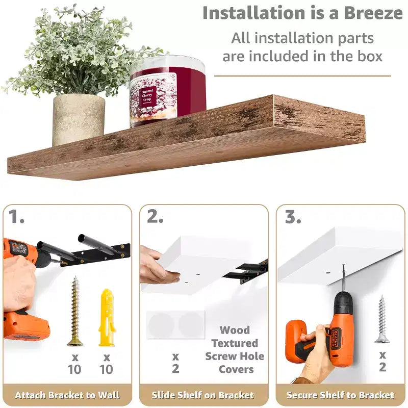 Set di 3 mensole galleggianti rettangolari Sorbus (24x9) con staffe invisibili - per camera da letto, cucina, bagno