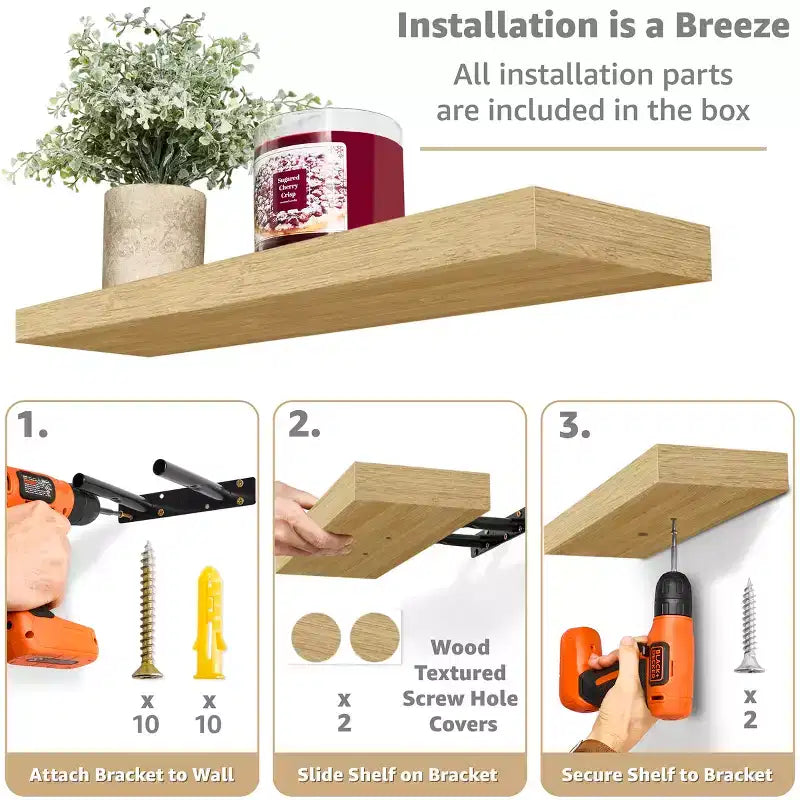 Set di 3 mensole galleggianti rettangolari Sorbus (24x9) con staffe invisibili - per camera da letto, cucina, bagno