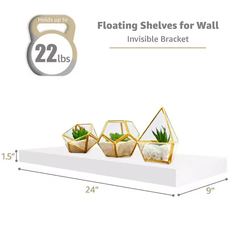 Set di 3 mensole galleggianti rettangolari Sorbus (24x9) con staffe invisibili - per camera da letto, cucina, bagno