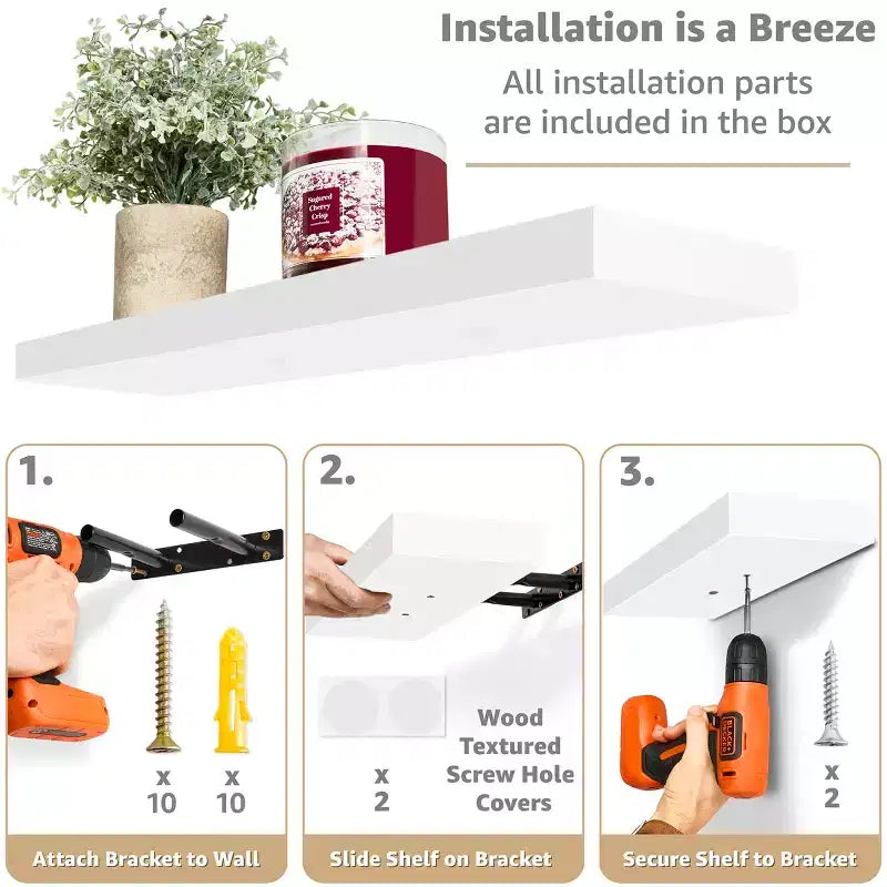 Set di 3 mensole galleggianti rettangolari Sorbus (24x9) con staffe invisibili - per camera da letto, cucina, bagno