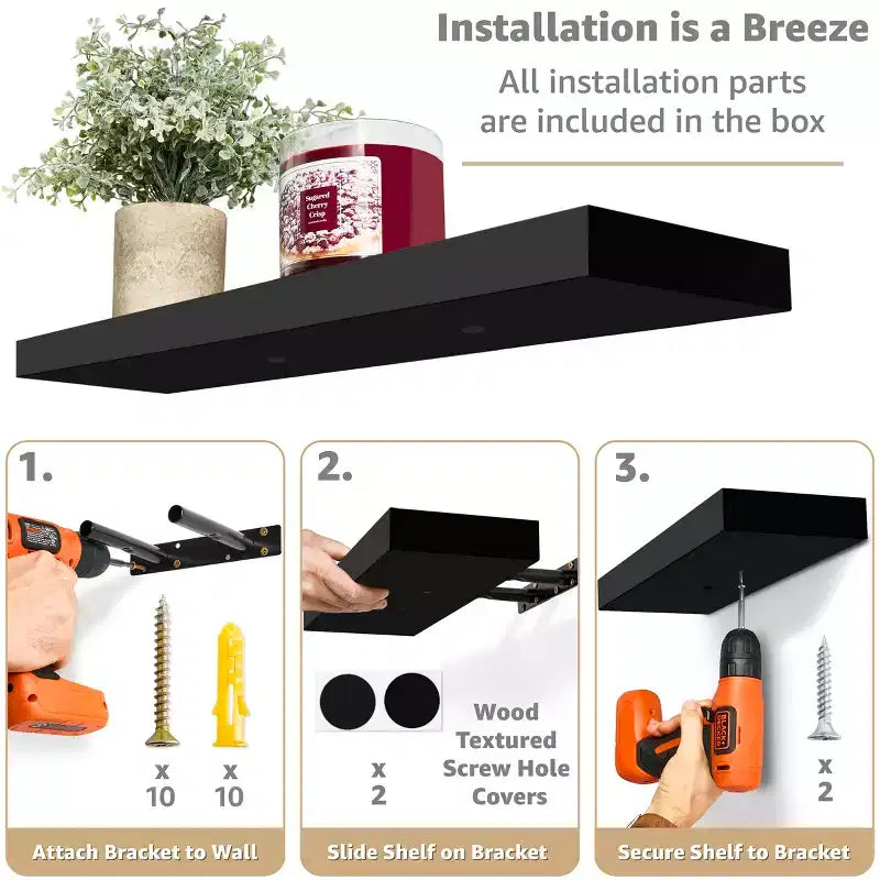 Set di 3 mensole galleggianti rettangolari Sorbus (24x9) con staffe invisibili - per camera da letto, cucina, bagno