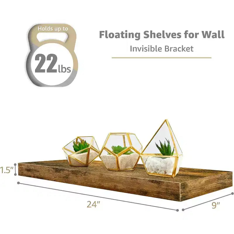 Set di 3 mensole galleggianti rettangolari Sorbus (24x9) con staffe invisibili - per camera da letto, cucina, bagno