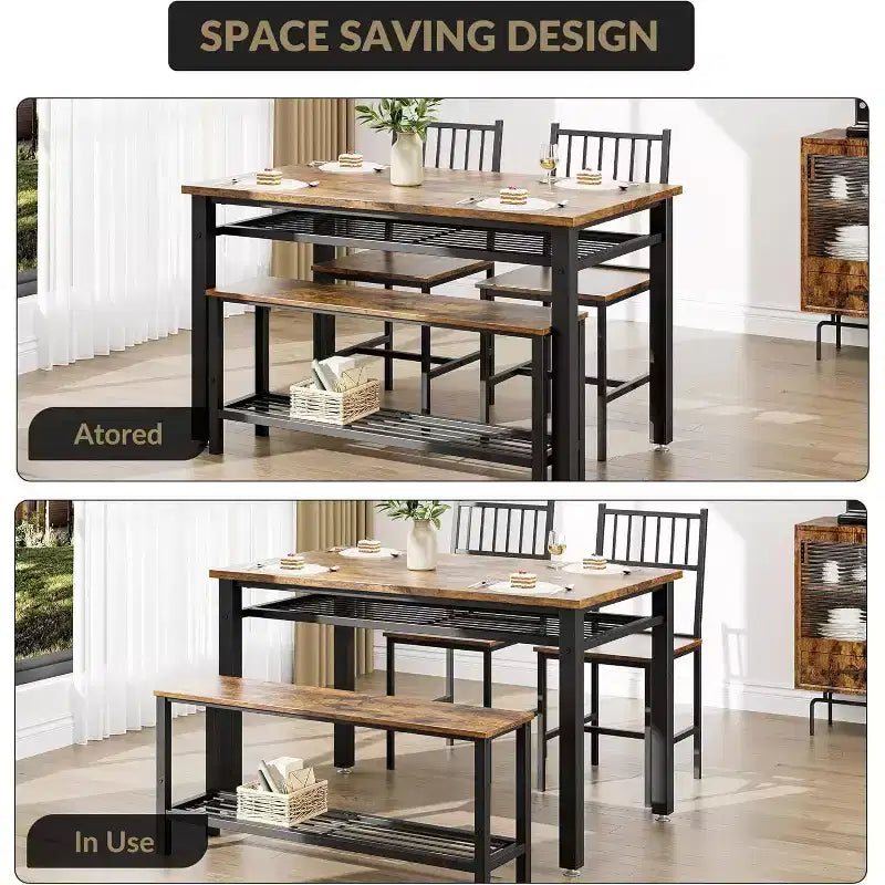 47 Modern Farmhouse Set da Pranzo per 4, Include Panca e Sedie, Struttura in Metallo con Ripiano, Design Salvaspazio per Cucina, Sala da Pranzo