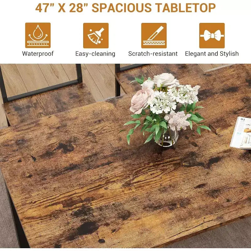 47 Modern Farmhouse Set da Pranzo per 4, Include Panca e Sedie, Struttura in Metallo con Ripiano, Design Salvaspazio per Cucina, Sala da Pranzo