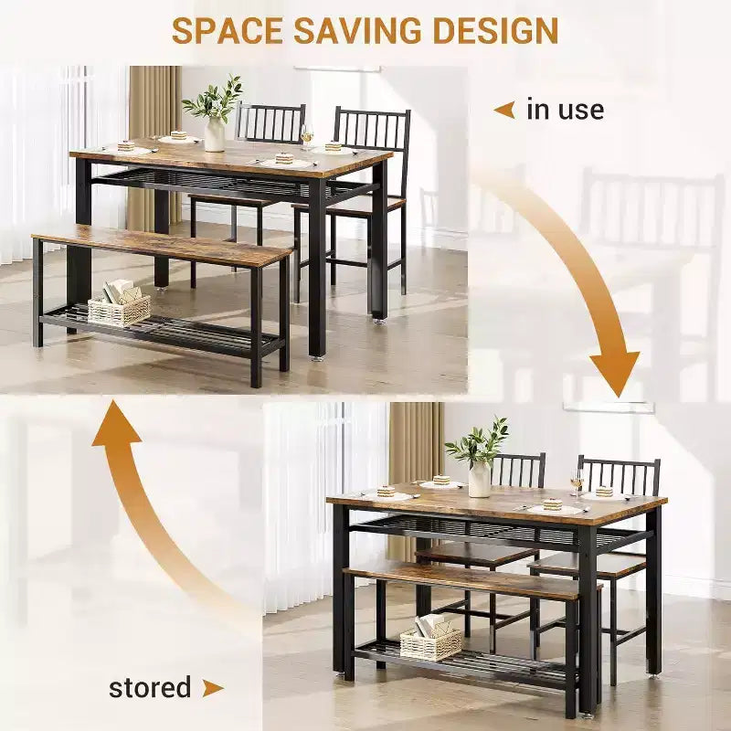 47 Modern Farmhouse Set da Pranzo per 4, Include Panca e Sedie, Struttura in Metallo con Ripiano, Design Salvaspazio per Cucina, Sala da Pranzo