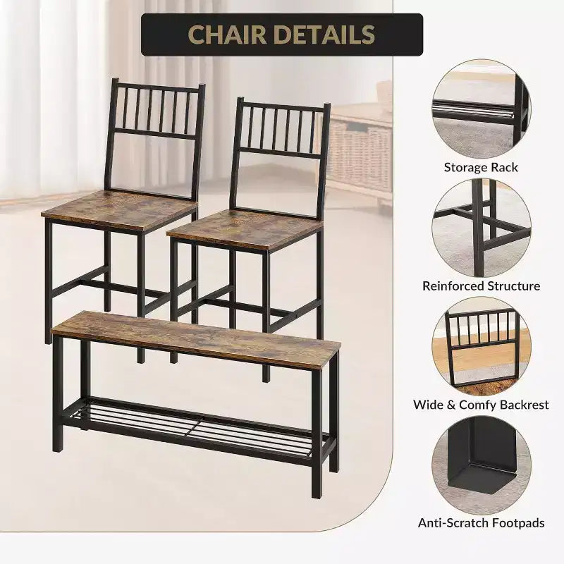 47 Modern Farmhouse Set da Pranzo per 4, Include Panca e Sedie, Struttura in Metallo con Ripiano, Design Salvaspazio per Cucina, Sala da Pranzo