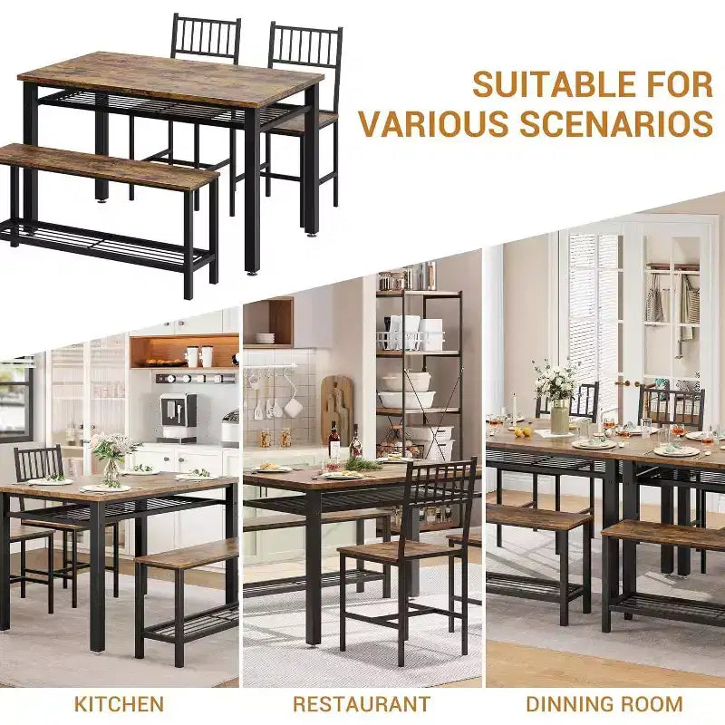 47 Modern Farmhouse Set da Pranzo per 4, Include Panca e Sedie, Struttura in Metallo con Ripiano, Design Salvaspazio per Cucina, Sala da Pranzo