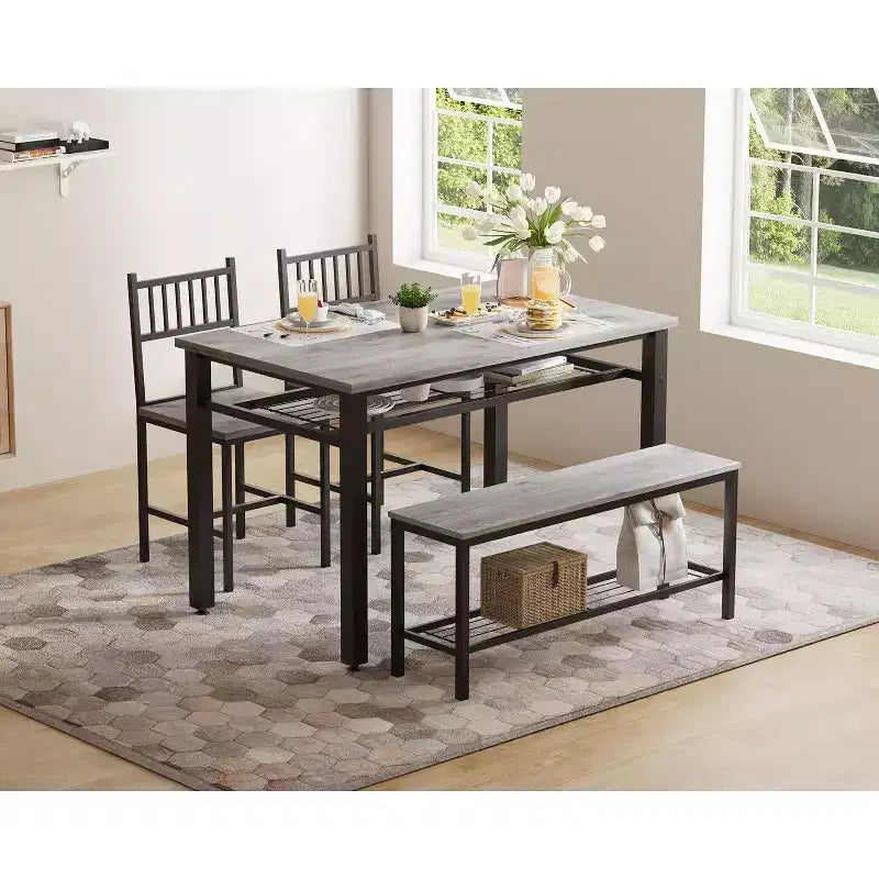 47 Modern Farmhouse Set da Pranzo per 4, Include Panca e Sedie, Struttura in Metallo con Ripiano, Design Salvaspazio per Cucina, Sala da Pranzo