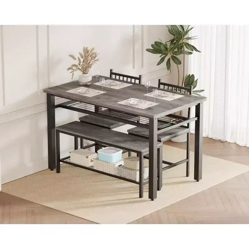 47 Modern Farmhouse Set da Pranzo per 4, Include Panca e Sedie, Struttura in Metallo con Ripiano, Design Salvaspazio per Cucina, Sala da Pranzo