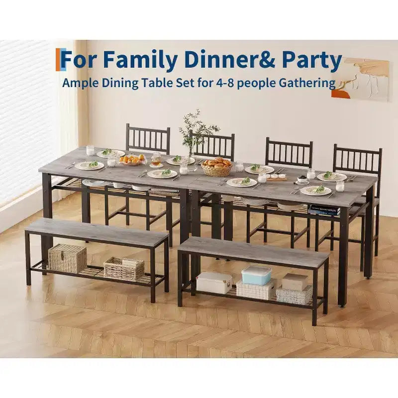 47 Modern Farmhouse Set da Pranzo per 4, Include Panca e Sedie, Struttura in Metallo con Ripiano, Design Salvaspazio per Cucina, Sala da Pranzo
