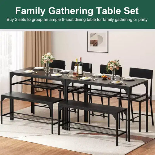 47 Modern Farmhouse Set da Pranzo per 4, Include Panca e Sedie, Struttura in Metallo con Ripiano, Design Salvaspazio per Cucina, Sala da Pranzo