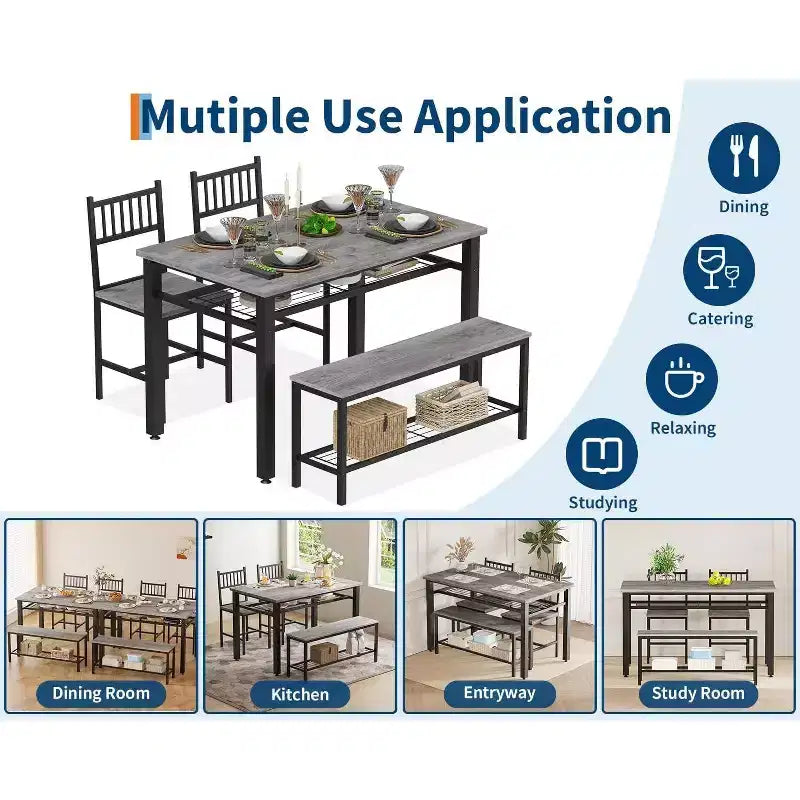 47 Modern Farmhouse Set da Pranzo per 4, Include Panca e Sedie, Struttura in Metallo con Ripiano, Design Salvaspazio per Cucina, Sala da Pranzo