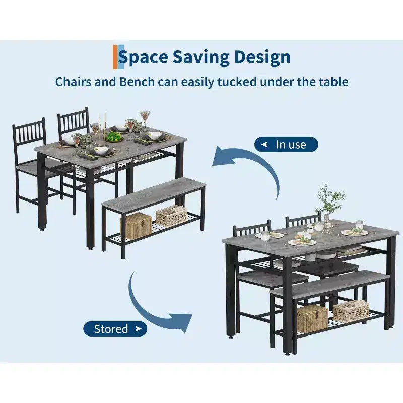 47 Modern Farmhouse Set da Pranzo per 4, Include Panca e Sedie, Struttura in Metallo con Ripiano, Design Salvaspazio per Cucina, Sala da Pranzo