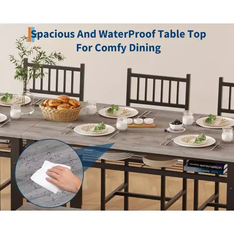 47 Modern Farmhouse Set da Pranzo per 4, Include Panca e Sedie, Struttura in Metallo con Ripiano, Design Salvaspazio per Cucina, Sala da Pranzo