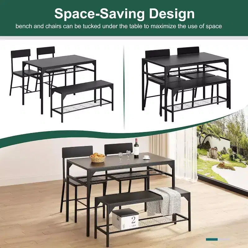 47 Modern Farmhouse Set da Pranzo per 4, Include Panca e Sedie, Struttura in Metallo con Ripiano, Design Salvaspazio per Cucina, Sala da Pranzo