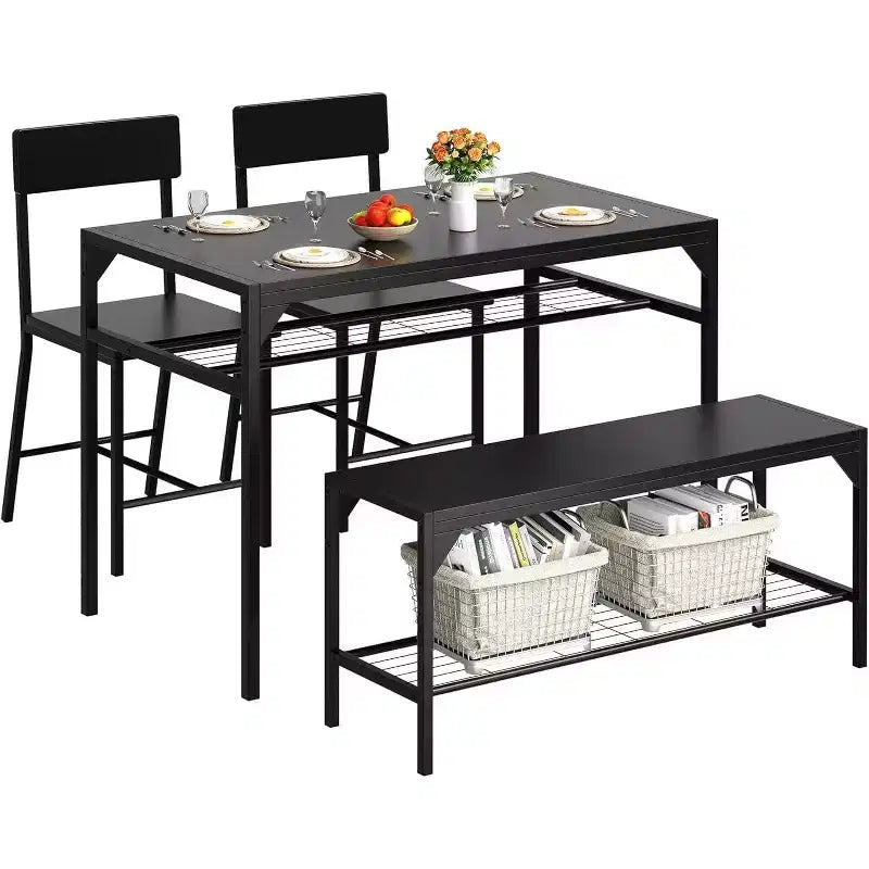 47 Modern Farmhouse Set da Pranzo per 4, Include Panca e Sedie, Struttura in Metallo con Ripiano, Design Salvaspazio per Cucina, Sala da Pranzo