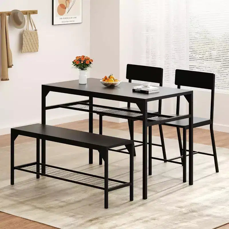 47 Modern Farmhouse Set da Pranzo per 4, Include Panca e Sedie, Struttura in Metallo con Ripiano, Design Salvaspazio per Cucina, Sala da Pranzo