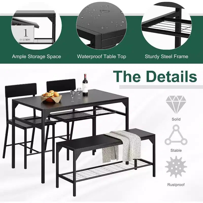 47 Modern Farmhouse Set da Pranzo per 4, Include Panca e Sedie, Struttura in Metallo con Ripiano, Design Salvaspazio per Cucina, Sala da Pranzo