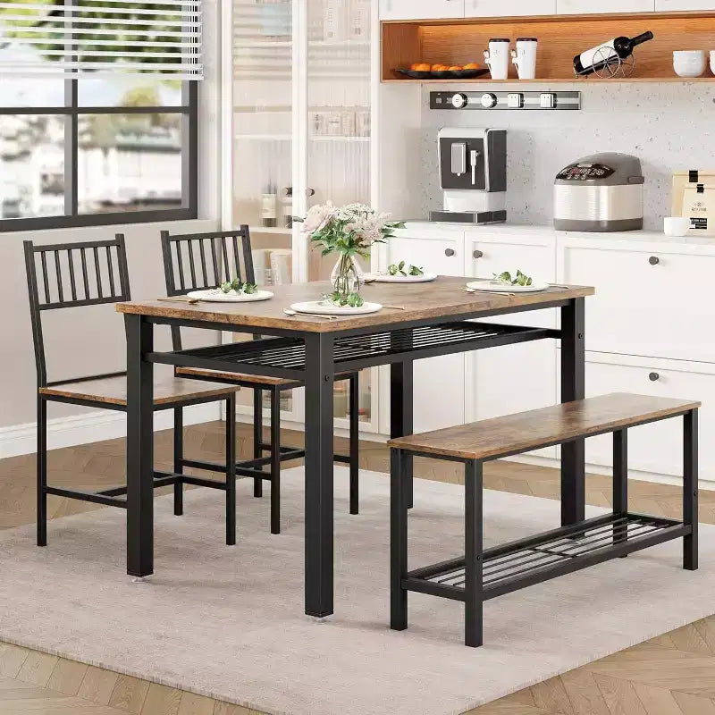 47 Modern Farmhouse Set da Pranzo per 4, Include Panca e Sedie, Struttura in Metallo con Ripiano, Design Salvaspazio per Cucina, Sala da Pranzo
