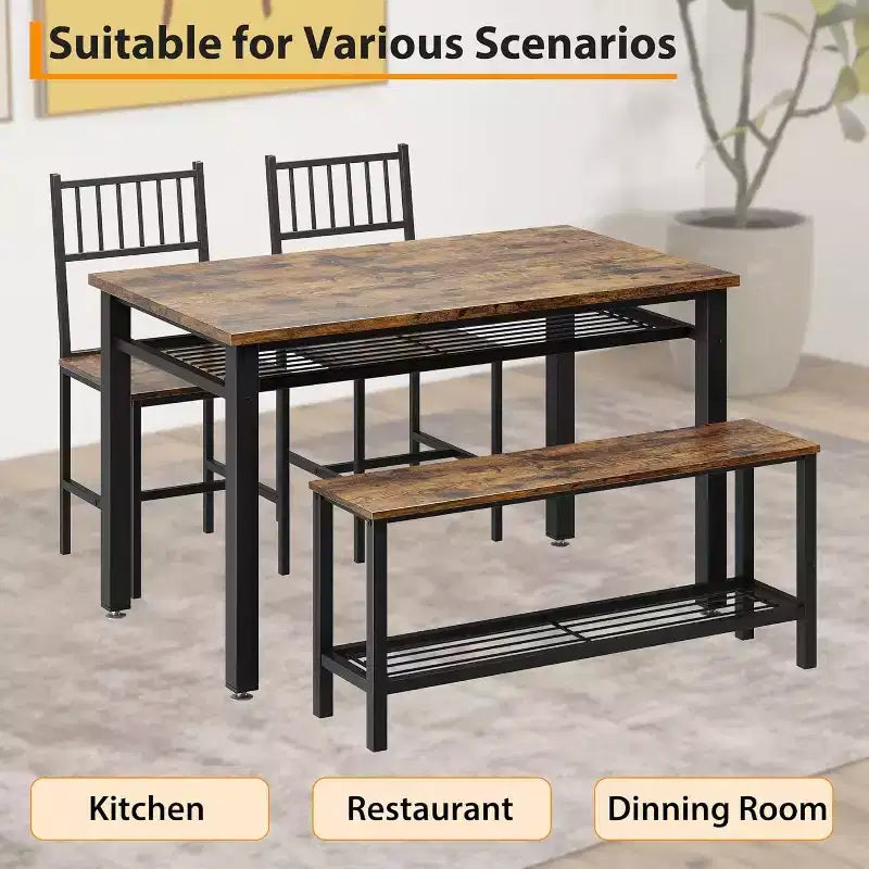 47 Modern Farmhouse Set da Pranzo per 4, Include Panca e Sedie, Struttura in Metallo con Ripiano, Design Salvaspazio per Cucina, Sala da Pranzo