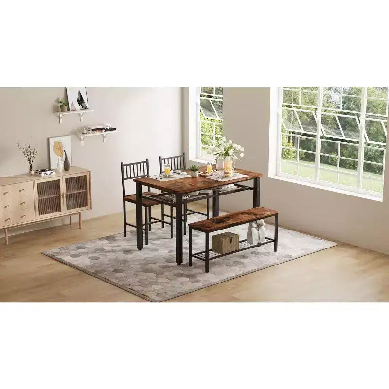 47 Modern Farmhouse Set da Pranzo per 4, Include Panca e Sedie, Struttura in Metallo con Ripiano, Design Salvaspazio per Cucina, Sala da Pranzo
